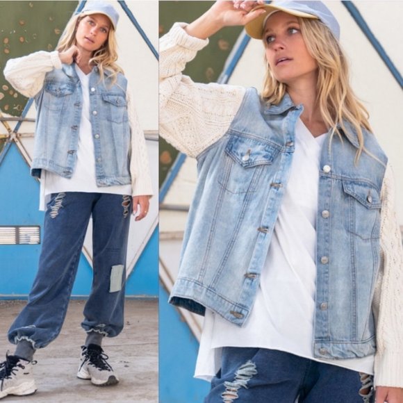 38337 POL Knit Sleeve Denim Jacket - Picture 4 of 5